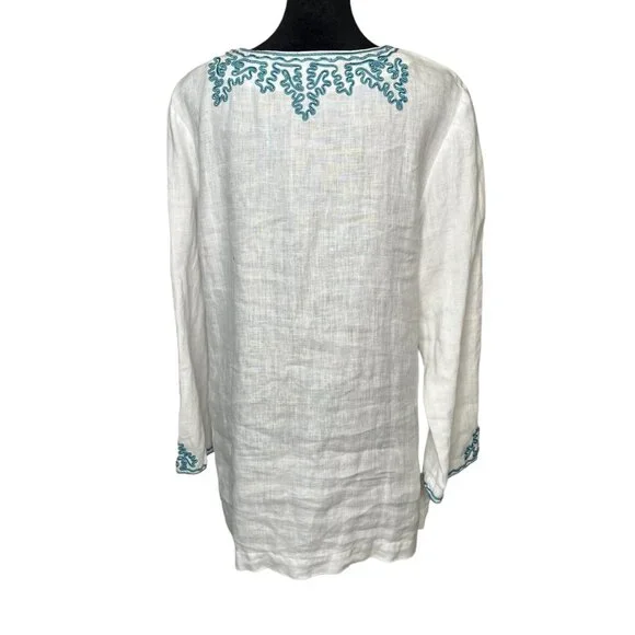 Madison Size XL Linen White Embroidered Trim Tunic Teal Split Neck Long Sleeve - Picture 3 of 8